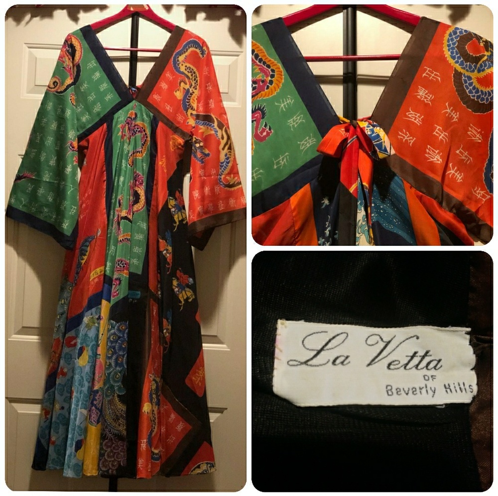 LA VETTA Vintage Scarf Kimono Caftan Dress RARE Sm